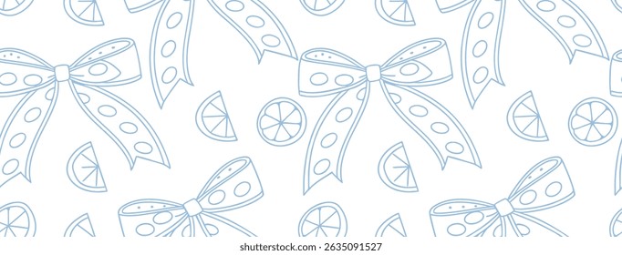 Seamless light blue bow and citrus slice pattern on white background. Cute hand-drawn style ideal for textiles, packaging, or scrapbooking. Whimsical and refreshing design concept.