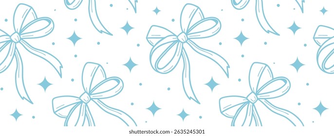 Seamless light blue bow and sparkle star pattern in hand-drawn line art style. Ideal for baby shower kids wrapping paper, or cute digital backgrounds. Soft, whimsical, and decorative.