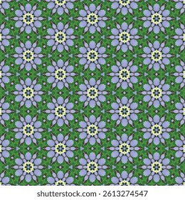 The seamless light blue floral pattern is striking on a green background, giving it a natural, fresh and relaxing feel, perfect for any decor that requires a relaxing and peaceful atmosphere.