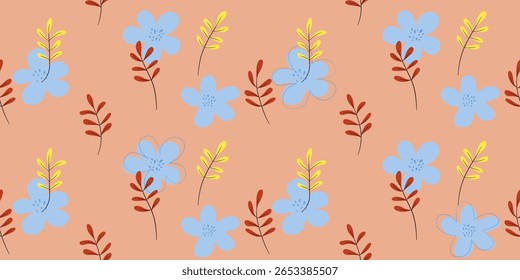 padrão de flores azul claro sem costura, ramos de folhas amarelas, ramos de folhas avermelhadas. os elementos são dispostos em um espalhado, aparentemente aleatório em um fundo laranja claro.
