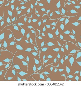 Seamless light blue leaves pattern on brown background