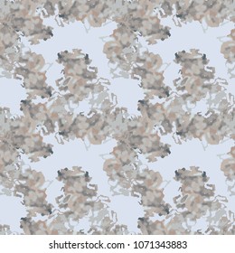 Seamless light blue pattern with blue, brown and grey stains. Vector abstract camouflage repeat in urban style. Usable as camo print for clothes or wrapping paper, wallpaper, backdrop, background etc.