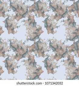 Seamless light blue pattern with grey and brown stains. Vector abstract camouflage repeat in urban style. Usable as camo print for clothes or wrapping paper, wallpaper, backdrop, background etc.
