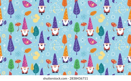 Seamless light blue pattern showing cute garden gnomes, colorful pine trees, and mushrooms in a whimsical style.