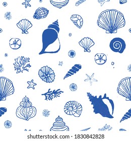 seamless light blue sea shells and starfish pattern. repeating vector beach and ocean pattern. line art.