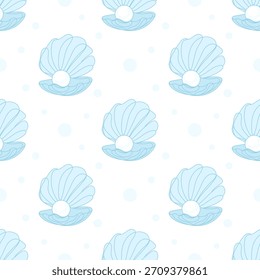 Seamless light blue seashell and pearl pattern. Perfect for textiles, wallpapers, and summer-themed designs.
