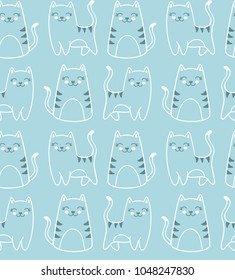 Seamless light blue vector pattern with cute smiling cats in different poses