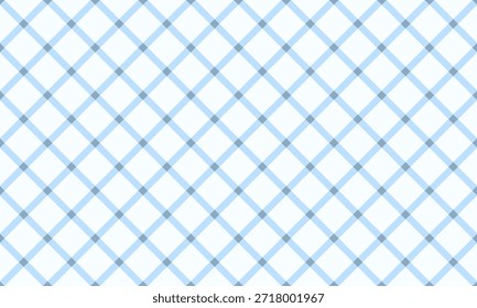 Ein nahtloses hellblaues und weißes diagonales Plaid-Muster, das ein klassisches Tartanraster-Design für Hintergründe, Textilien und Grafikdesign-Elemente erstellt.