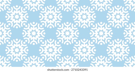 Seamless light blue and white geometric pattern with ornamental snowflake shapes. Elegant winter background for wrapping paper, textile, wallpaper, stationery and modern festive projects.