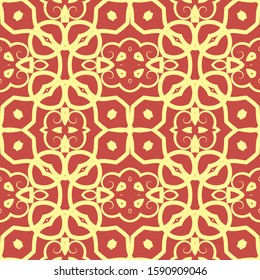 Seamless light decor with square patterns on a red background. Vector illustration