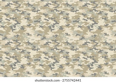 Seamless light desert camouflage pattern featuring soft digital-style shapes in beige, grey, and sand tones. Ideal for military fabric, modern tactical designs, and subtle background textures.
