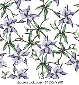 Seamless light floral pattern. Purple flowers with green leaves on a white background for fabric.