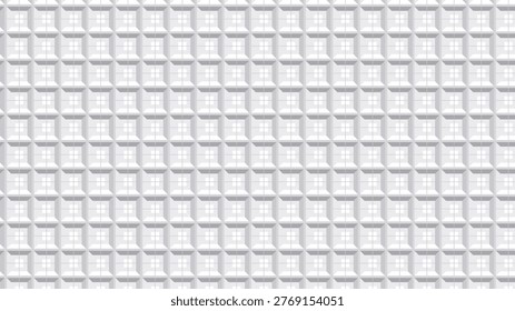 Seamless light gray and white geometric grid pattern with subtle 3D squares and textured beveled edges. Modern abstract background for digital design, architecture, and technology.