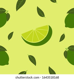 Seamless light green background with whole limes and slices limes and leaves. Vector illustration design for greeting card or template.