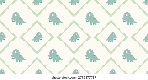 Seamless light green dinosaur shapes inside diamond motifs create a playful pattern suitable for kids products and educational materials