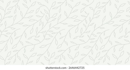 Seamless light green outline leaf pattern on white background. Elegant botanical vector for fabric, wallpaper, eco-friendly packaging, stationery, and minimalist nature-themed designs.