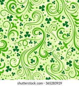 Seamless light green St. Patrick's day background with floral swirls and clover leaves.