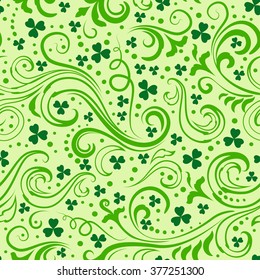 Seamless light green St. Patrick's day background with floral swirls and clover leaves.