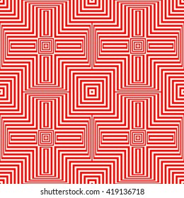 Seamless light and heavy striped red white pattern. Abstract repeated polygons. Geometric figures texture background. Vector illustration