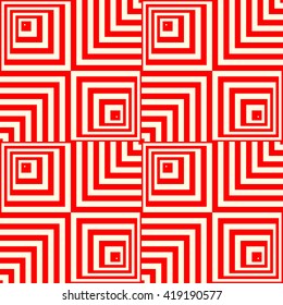 Seamless light and heavy striped red white pattern. Abstract repeated squares. Geometric figures texture background. Vector illustration 