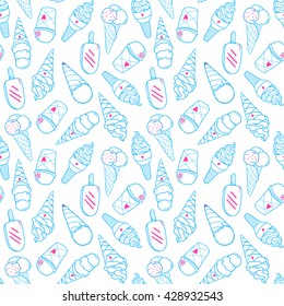 Seamless light ice cream pattern, hand-drawn blue summer background, ice-cream vector, EPS 8