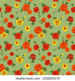Seamless light olive background with yellow, red and orange marigold flowers for fashion design, textile, wrapping paper, package wallpaper, bag print