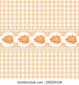 Seamless light orange checkered background with stylized roses. Vector