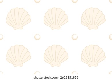Seamless light pastel pattern with scallop shells and pearls on a transparent background. Perfect for beach-themed packaging, textiles, and elegant summer designs.
