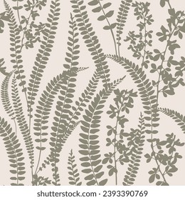 Seamless light pattern with fern leaves on white background. Meadow wild flowers silhouettes. Monochrome elegant pattern with delicate leaves and flowers.