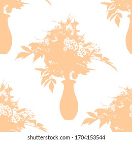 Seamless light pattern with flowers in vase. Floral bouquet silhouettes. Decorative elegant background.