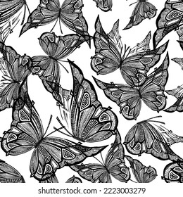 Seamless light pattern with flying butterflies, hand drawn vector background