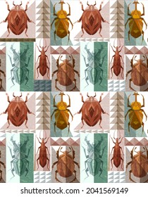 Seamless light pattern with geometric insects in rectangle mosaic. Vector retro texture with geometrical stag beetle, ant, ladybug and triangle ornament on white background. Flat hand drawn bugs