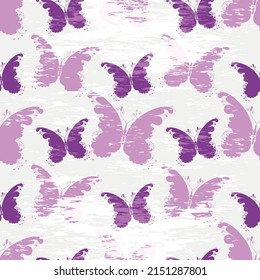 Seamless light pattern with pink butterflies in grunge style on a white background. vector eps 10