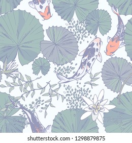 Seamless light pattern with water lilies and other water plants
