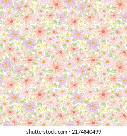 Seamless Light Peach, Light Purple And Light Yellow Daisy Flower Pattern. Free Hand Style Floral With Creamy White  Color Background