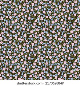 Nahtlose hellrosa und hellblaue kleine, dunkle Blume mit dunkelbraunem Hintergrund. 