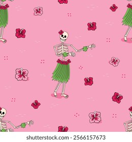 Seamless light pink pattern featuring skeletons in Hawaiian tribal outfits dancing, fun summer print for textile 