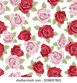 Seamless Light Pink Rose Flower And Red Rose Flower Pattern With White Color Background

