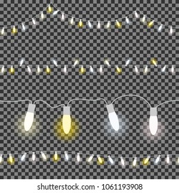 seamless light strings with burning bulbs in different colors and transparency in vector file