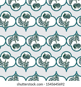 A seamless light vector pattern with blue folk floral motifs. Beautiful surface print design. Great for stationery and textiles.