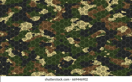 Seamless light woodland camo with hi-tech hexagonal grid pattern vector