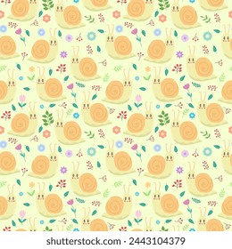 Seamless light yellow pattern with kawaii snails, flowers and berries. Flat vector design