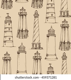 Seamless lighthouses pattern, vector sea vintage illustration on beige background