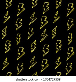 Seamless of Lightning icons on black background.Vintage thunder symbol with sunburst on black background