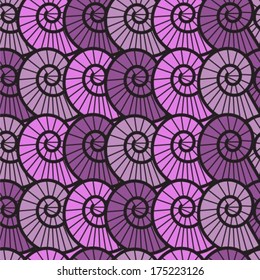 seamless lilac background with spiral shells of different colors