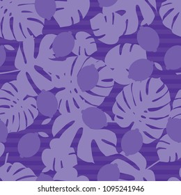 Seamless lilac background in tropical fruit and palm leaves. Cute cartoon. Vector illustration. Textile rapport.
