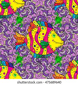 Seamless lilac background with yellow fishes. Vector.