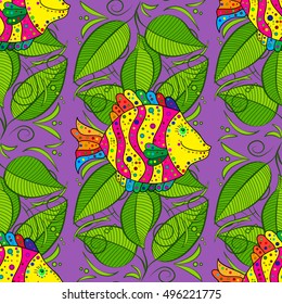 Seamless lilac background with yellow fishes. Vector.