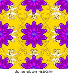 Seamless lilac doodles flower on yellow background with golden elements. Vector illustration.