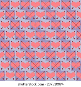 Seamless lilac geometric pattern with hearts, cross arrows and squares. Vector illustration